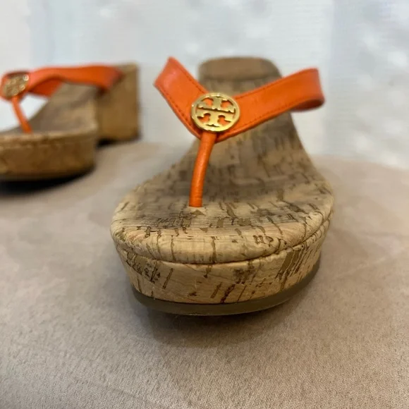 Tory Burch orange leather cork wedge sandals from size 7 great - Picture 5 of 8